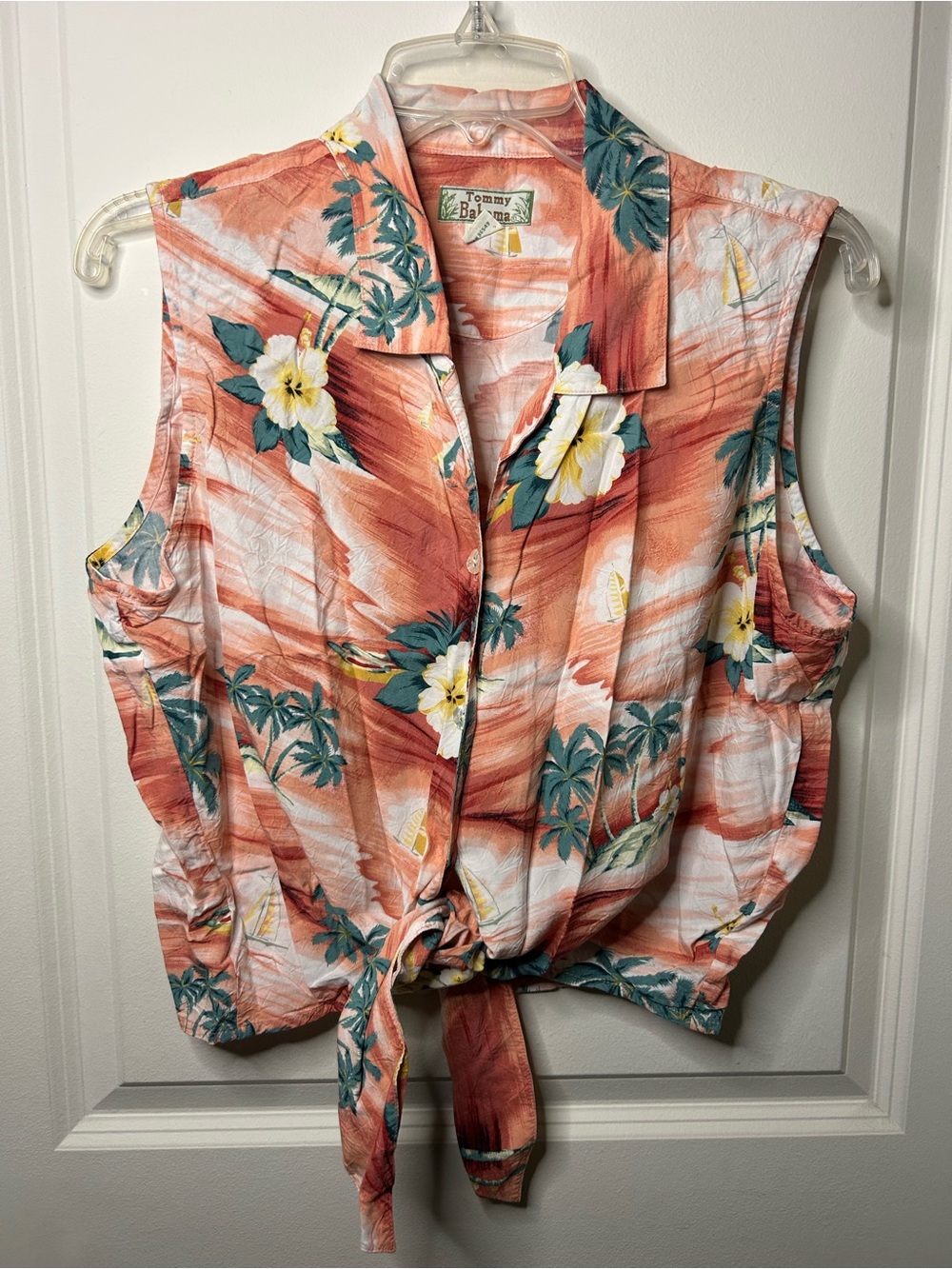 Tommy Bahama VTG Sleeveless Button Down Tropical Print Tie Front Shirt Large
